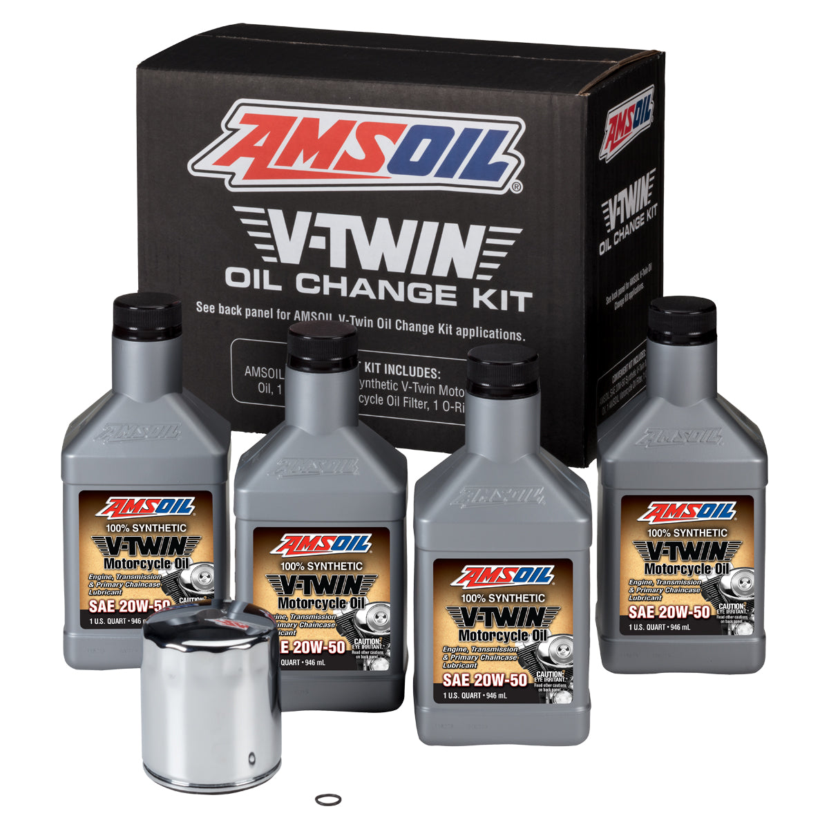 AMSOIL 20W-50 Synthetic V-Twin Oil Change Kit - 4 Quarts with Chrome Filter - HDCK (